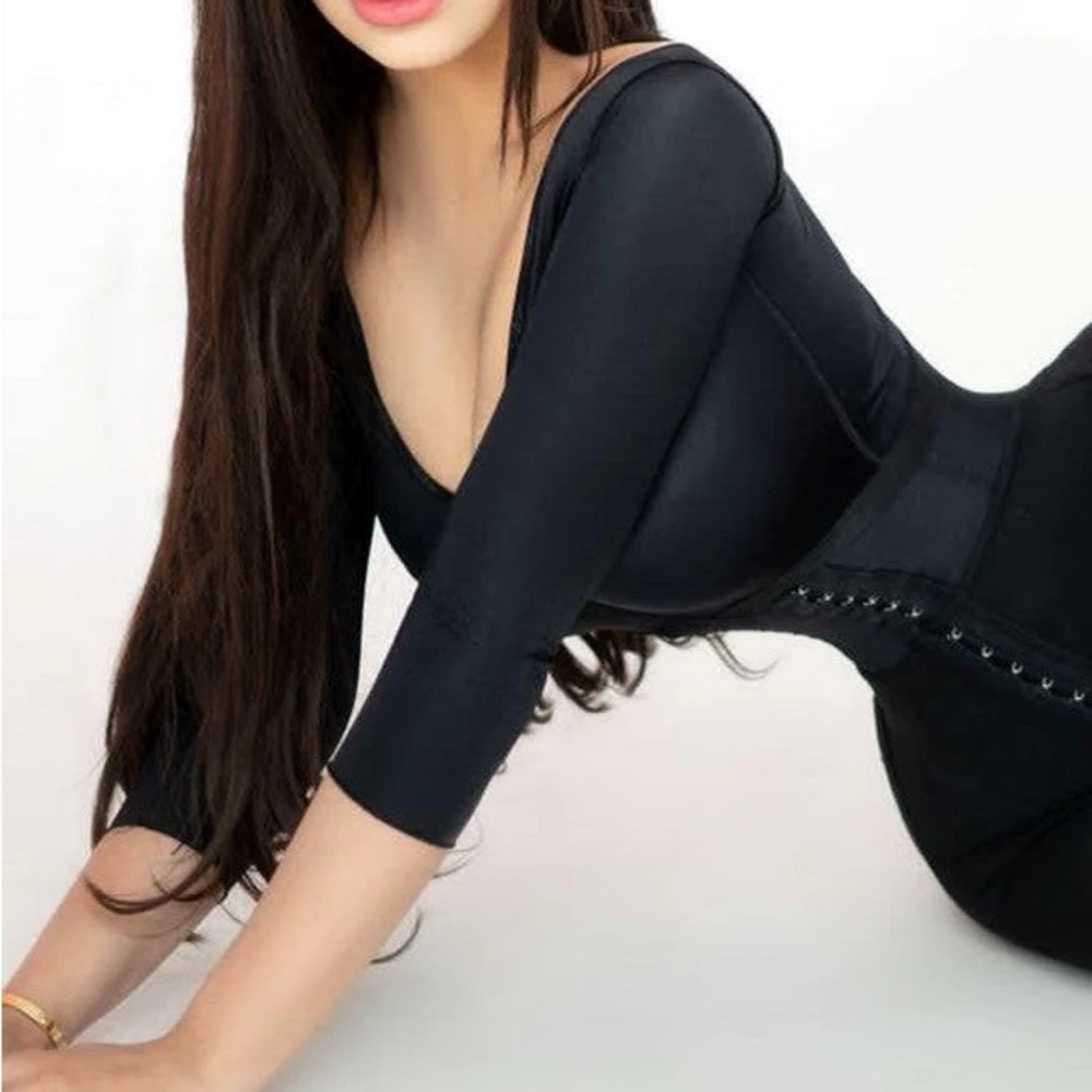 Black Long-Sleeve Bodysuit with Waist Corset